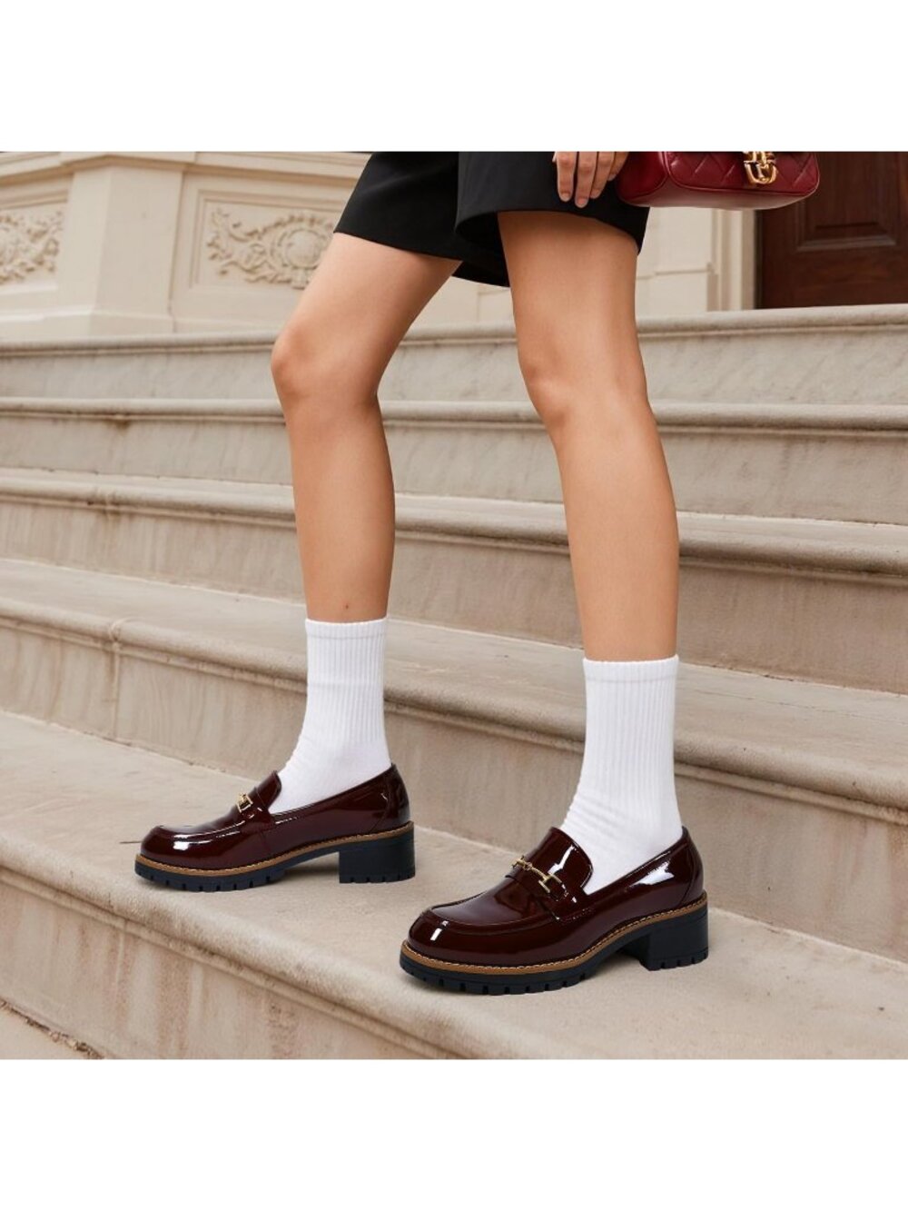 DREAM PAIRS Women Burgundy Comfortable Chunky Latex Insole Platform Loafer Shoes - Picture 3 of 5